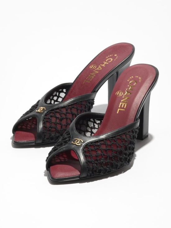 CHANEL Shoes - CHANEL Coco beach 37.5 Black Mesh Open-Toe Mule with Gold CC Accent NWT